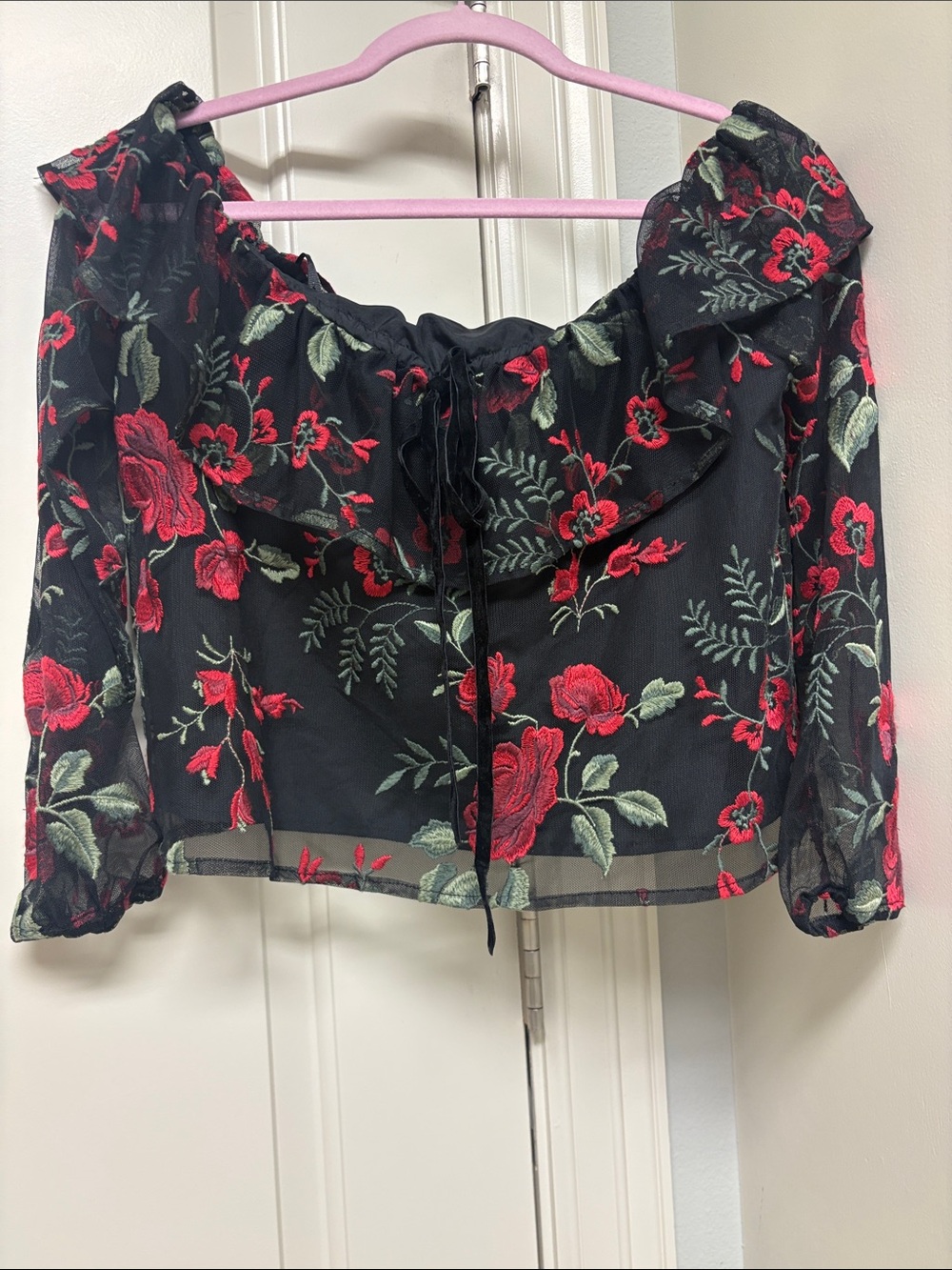 cupcakes & cashmere Black Sheer Off-Shoulder Crop Blouse w/ Red Rose Embroidery